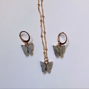 Gray Butterfly Necklace and Earrings Set